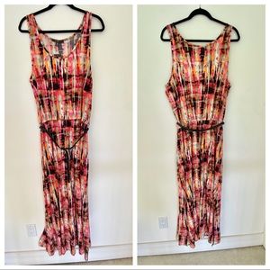 Fever Pink & Orange Sleeveless Belted Maxi Dress; L